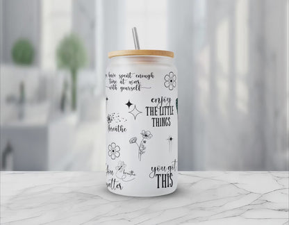 Frosted Glass Sublimated Cups with a Bamboo Lid & Reusable Straw